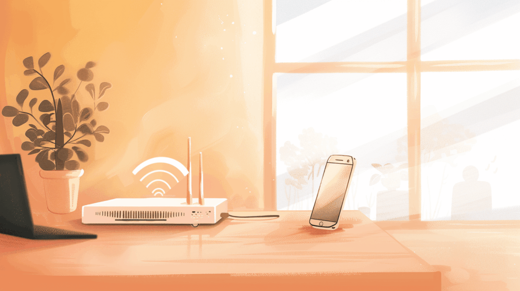 温かい日差しが差し込む机の上。GMOと書かれた白いWi-Fiルーターが、豚の貯金箱の隣で、快適な電波を発している様子。