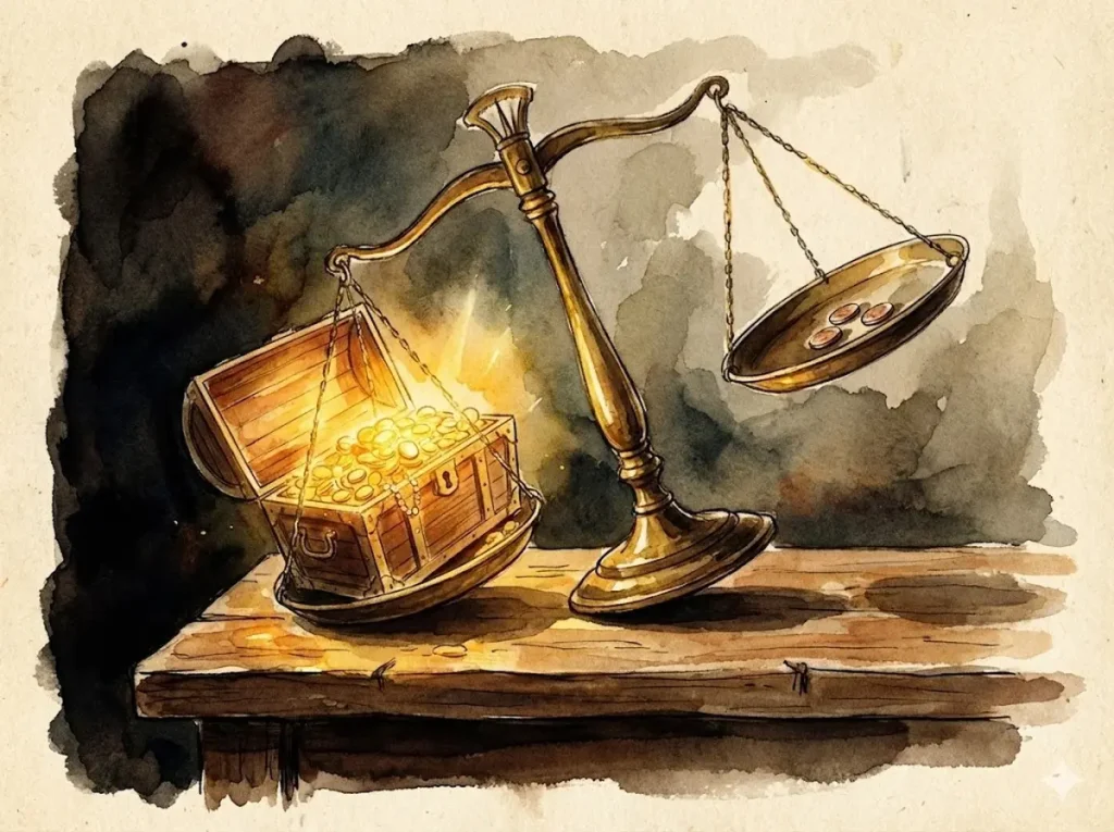 天秤のイラスト。輝く宝箱（セット割の割引額）が、わずかなコイン（月額コストの差）よりも大きな価値を持っている様子を表現。