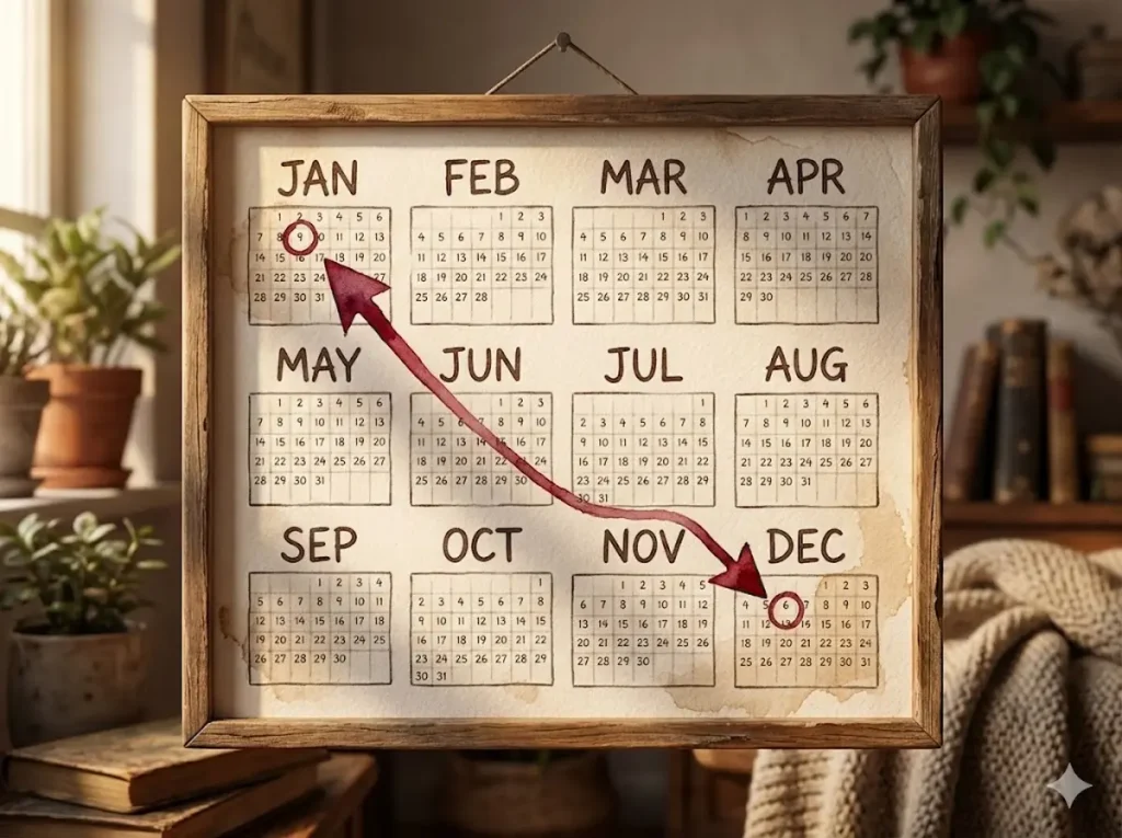 カレンダーのイラスト。キャッシュバック時期までかなりの期間がある代理店もある為、キャッシュバックの受け取り手続きを忘れがちになることを表現。