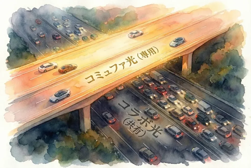 渋滞している公道と、スムーズに流れる専用道路のイラスト。独自回線の快適さを道路で表現。