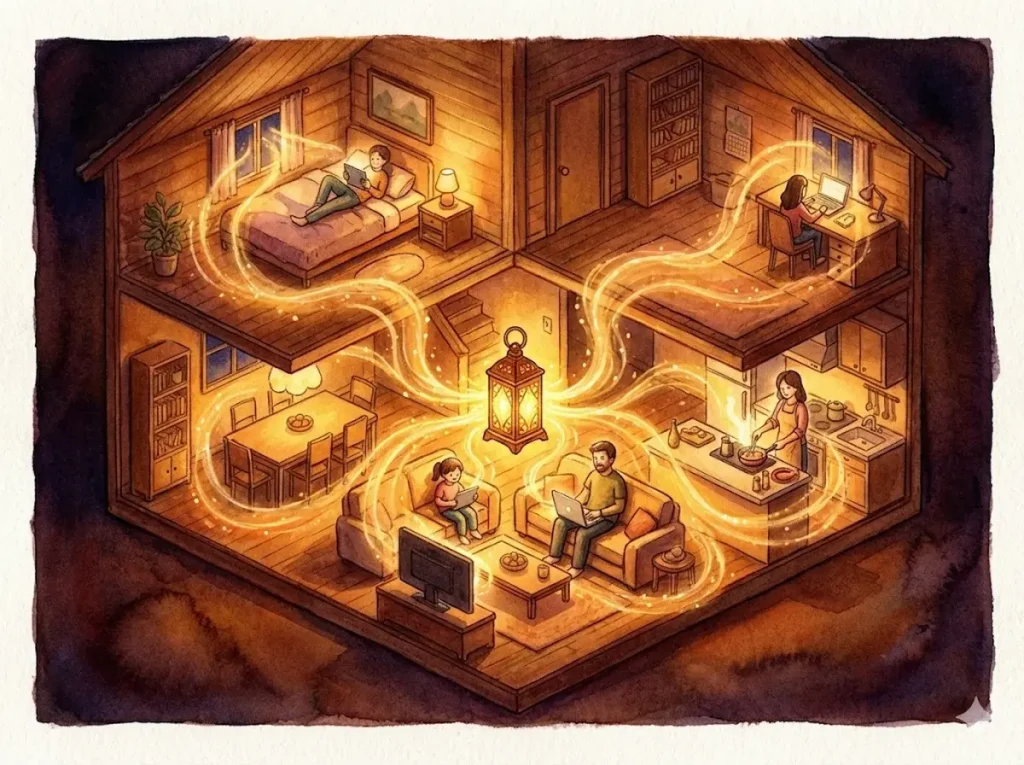 家の断面図イラスト。リビングにある高性能ルーター（魔法のランタン）から光があふれ、家中の家族にWi-Fiが届いている様子。