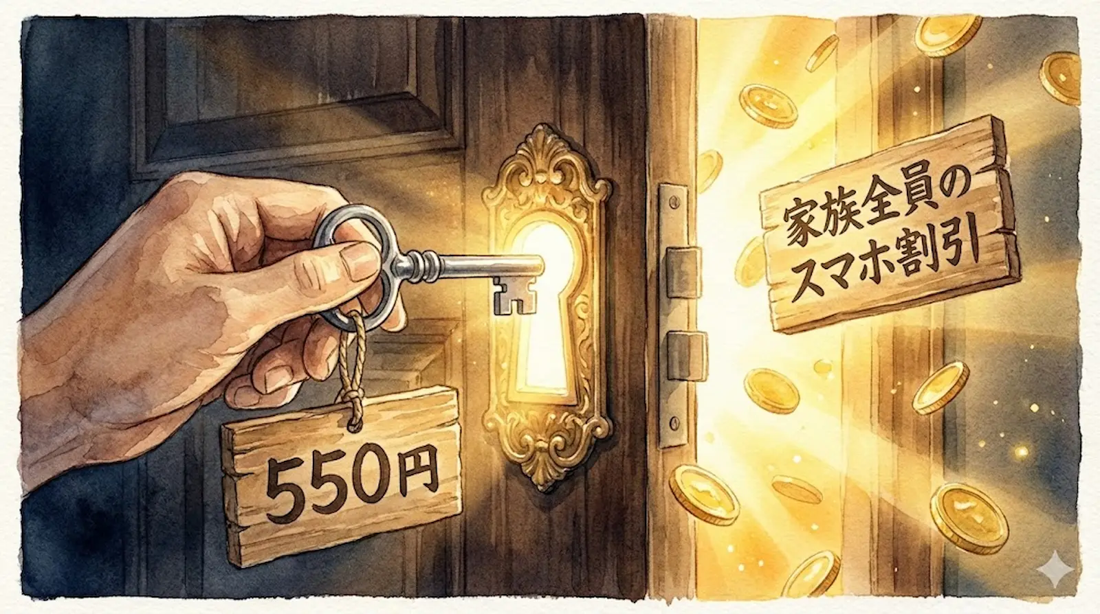 ビッグローブ光の「ひかり電話（月額550円）」オプションを、家族割引（セット割）を解き放つ「投資のカギ」として表現。auスマートバリューやUQ mobile自宅セット割により、家族全員のスマホ料金が毎月最大1,100円永続的に割引される損益分岐の因果関係を視覚化。オプション加入がコストではなく、家計全体の利益を最大化する戦略的投資であることを示す論理図解。