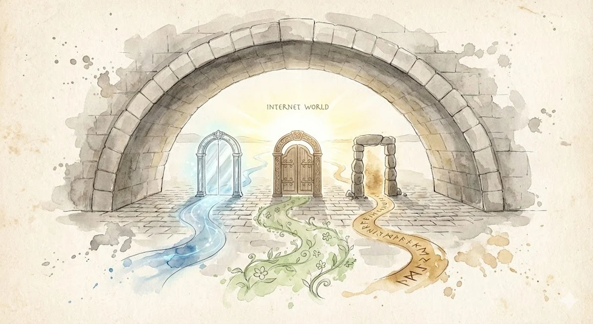 ビジュアル：巨大な石造りの橋（NTTフレッツ網）のパース図。設計：橋の先が複数の異なるデザインの「豪華な門（プロバイダ）」へ分岐。演出：橋の質感に古い石の重厚さを出し、門にはそれぞれの個性を水彩の滲みで表現。