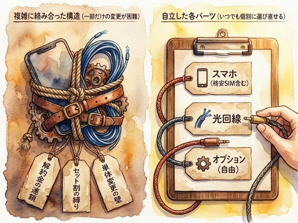 通信費の構造比較。セット割や解約金で複雑に絡まり単体変更が困難な硬直した構造（左）と、各要素が自立し、将来のスマホ変更も否定しない柔軟な設計（右）の対比図。