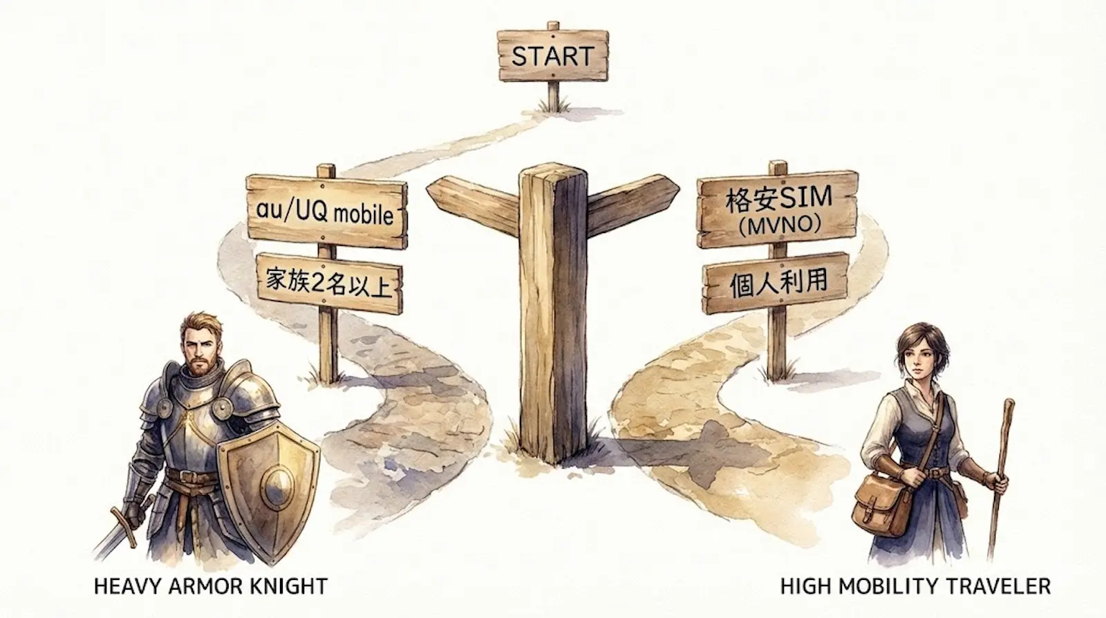 ビッグローブ光の契約スタイルを比較検討するための診断チャート図。左側は「auスマートバリュー」や「UQ mobile自宅セット割」を適用する家族利用向けの「重装備スタイル（騎士）」、右側は「格安SIM（MVNO）」と組み合わせる個人利用向けの「高機動スタイル（旅人）」を対比。現在利用中のスマホキャリアや世帯人数に基づき、自分に最適なビッグローブ光の活用方法を選ぶための判断基準を視覚化。