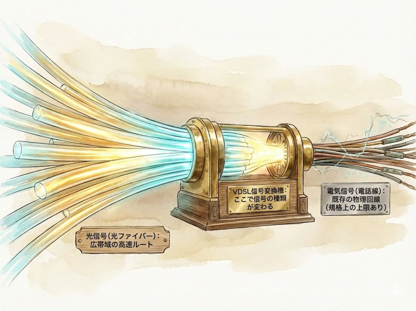 ビッグローブ光(フレッツ光や光コラボ、その他独自回線を含む)マンションタイプにおけるVDSL方式の構造図。共有部まで届いた光信号が建物内の既存「電話線」で分配される物理的制約により、最大通信速度が100Mbpsへ制限される仕組みを解説。VDSL方式の限界を物理的に証明するエビデンス。