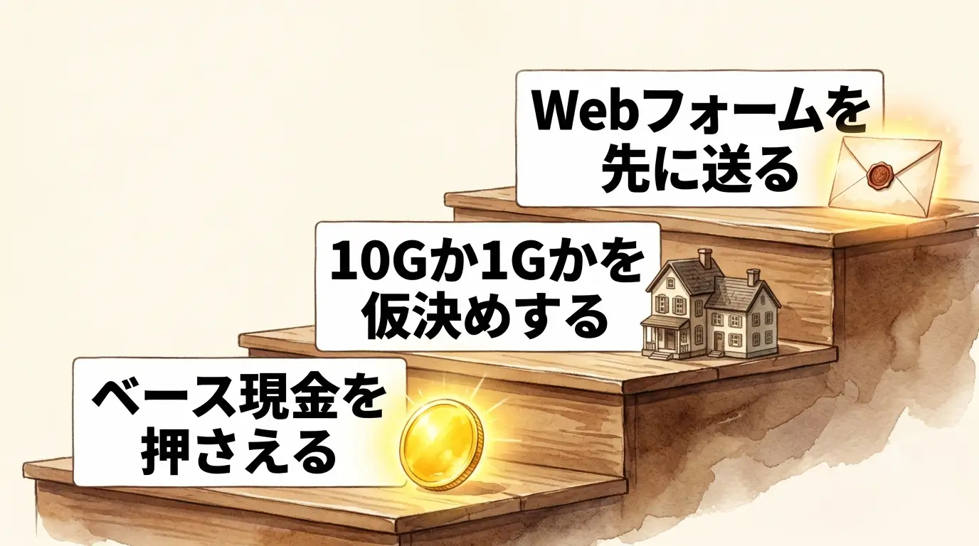 コミュファ光の申し込み前に進めるべき3つの手順（1.ベース現金を押さえる、2.10Gか1Gかを仮決めする、3.Webフォームを先に送る）を示した階段状の図解