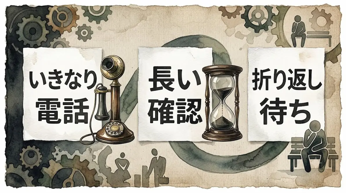 電話申し込みのデメリット（いきなり電話、長い確認、折り返し待ち）を示したタイムライン図解