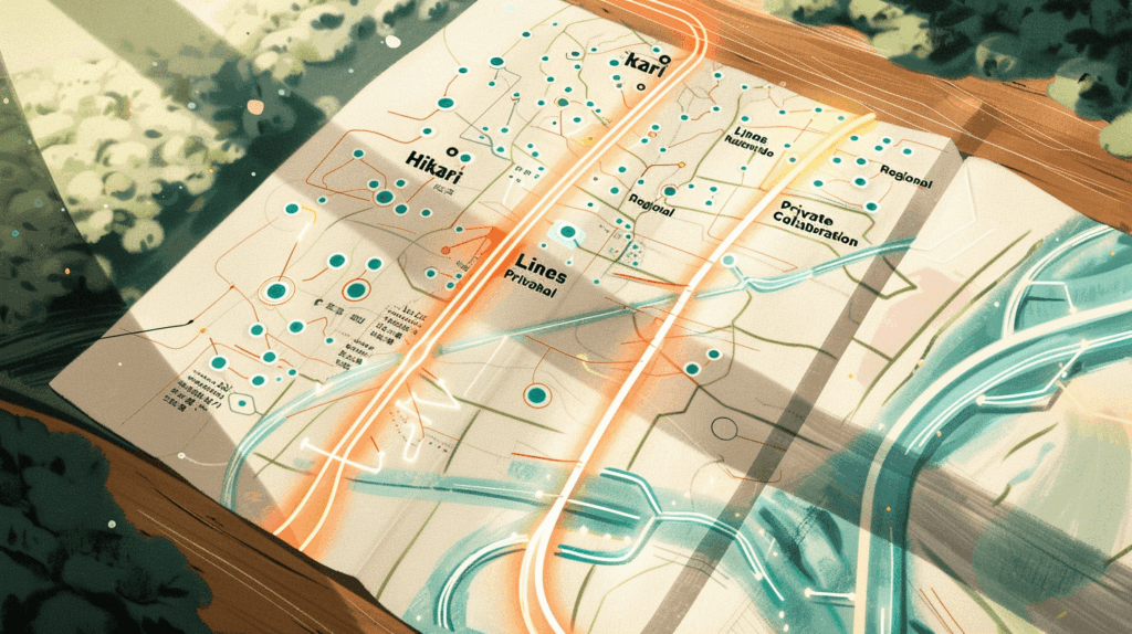 上空から見下ろした地図に、多くの街へと繋がる広大な道路網(光コラボ)と、未来的な都市へ一直線に伸びる専用ハイウェイ(独自回線)、そして特定の地域に根ざした専用道路(電力系)が描かれている象徴的なイラスト