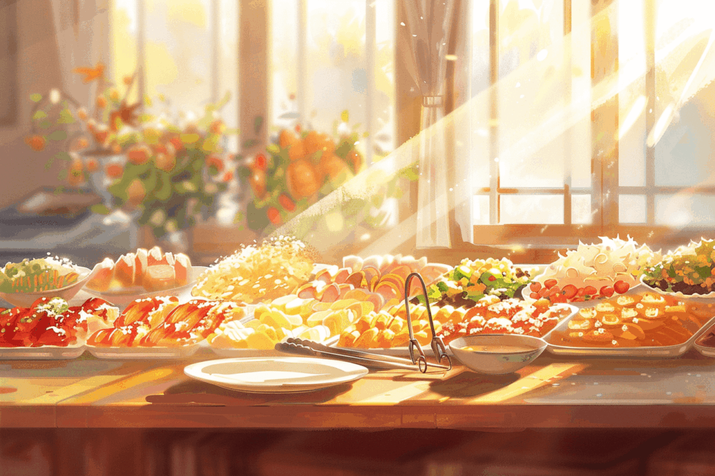 光コラボ比較の選択肢を象徴する、ビュッフェのイラスト。和食・洋食・中華が並び、前景には、読者の主体的選択を表す、取り皿と、二種類のトングが置かれている。