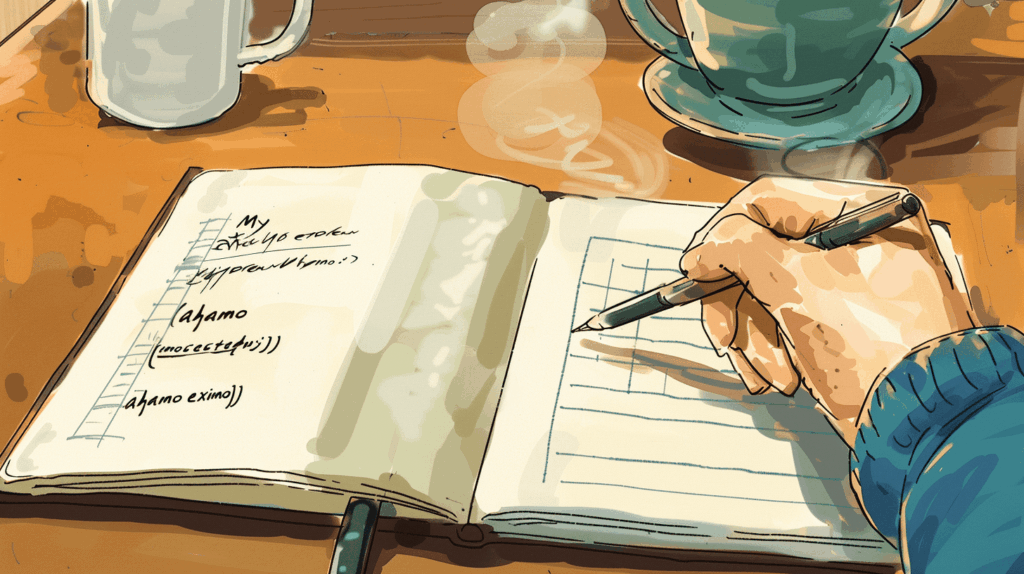 温かいお茶が置かれた木製の机の上。「わたしの通信費カルテ」と書かれたノートに、「ahamo」と「ドコモMAX/mini（セット割）」の比較が手書きされている一人称視点の画像。