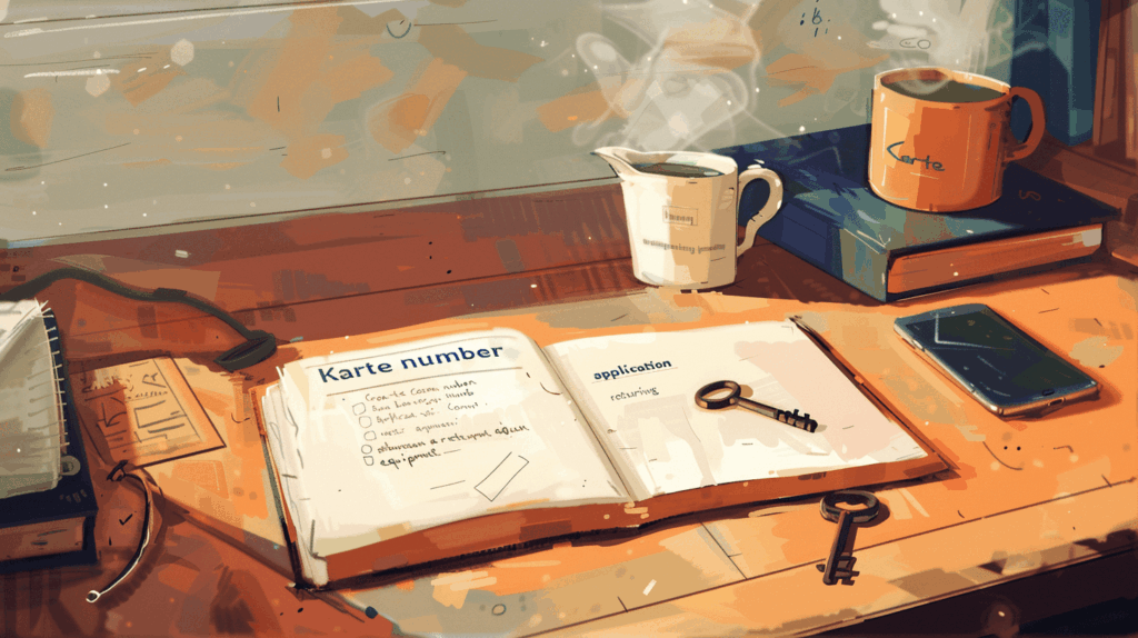 木製の机と温かいお茶の横に開かれたノート。「乗り換え準備」を象徴する、アンティークな「鍵」、一台の「スマートフォン」が、整然と置かれている様子。