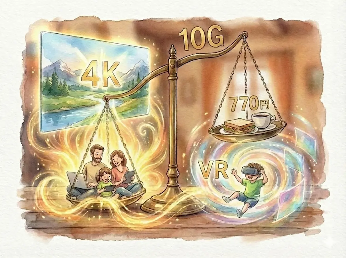 コミュファ光10Gの差額770円と、4K動画・VRを楽しむ家族の天秤イメージ図。