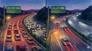 コミュファ光は独自回線なので、通信が安定しやすいことを、専用道路と共用道路での交通の込み具合で表現。